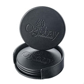 Black Leather 4 Round Coaster Set w/ Holder
